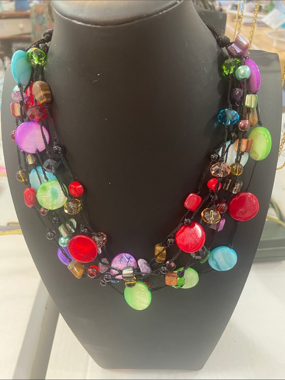 Multicolor Glass Bead Discs Statement Necklace 9” drop. 3” extender